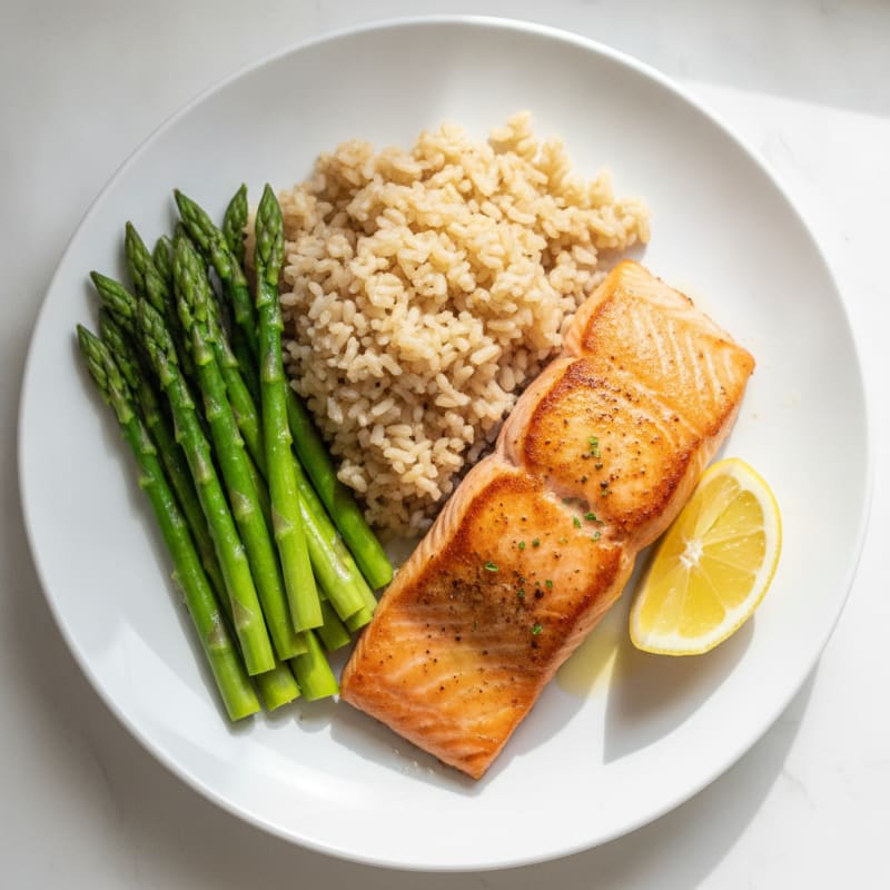 Seared Salmon Fillet with Steamed Asparagus and Brown Rice