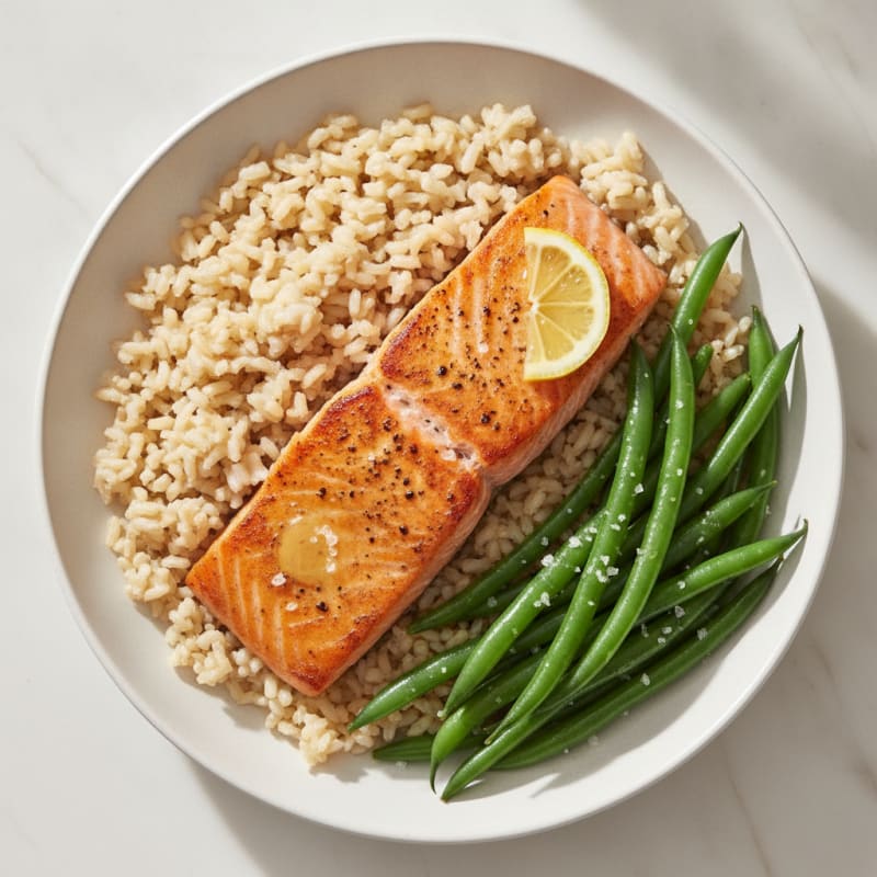 Seared Salmon Fillet with Steamed Green Beans and Brown Rice