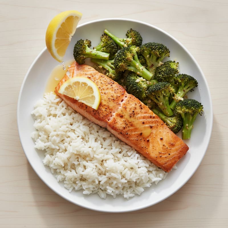 Seared Salmon with Garlic Roasted Broccoli and Jasmin Rice