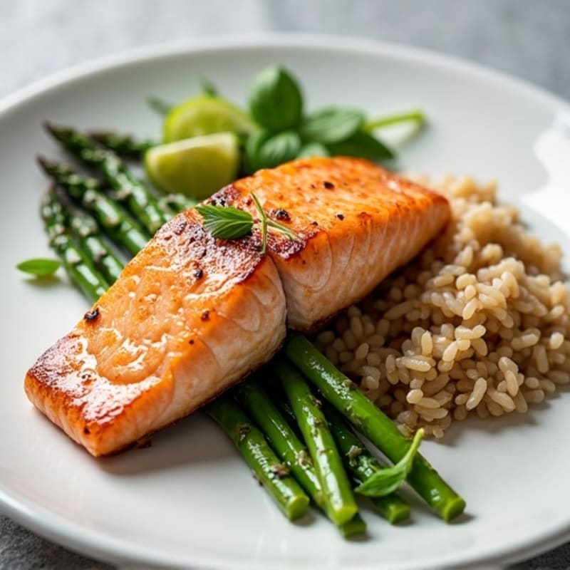 Seared Salmon Fillet with Steamed Asparagus and Brown Rice