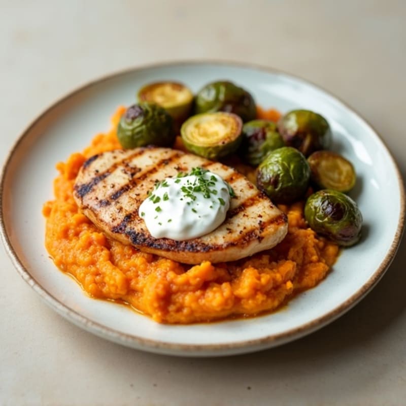 Grilled Chicken Breast with Roasted Brussel Sprouts and Sweet Potato Mash