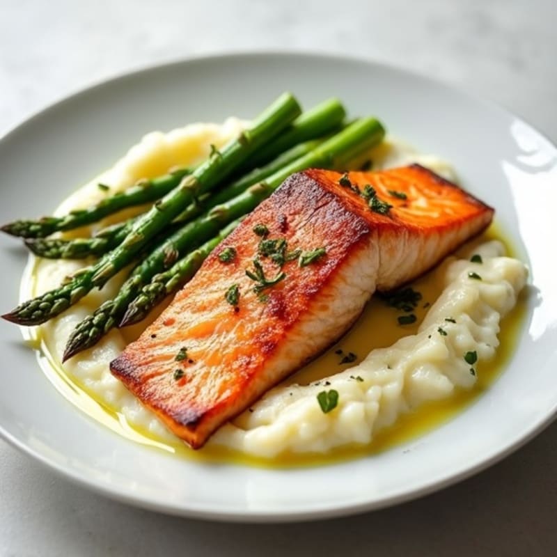Seared Salmon with Steamed Asparagus and Cauliflower Mash