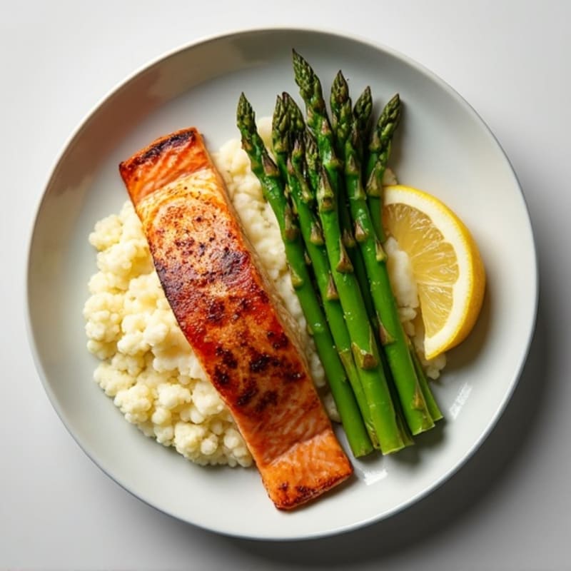 Seared Salmon with Steamed Asparagus and Cauliflower Mash