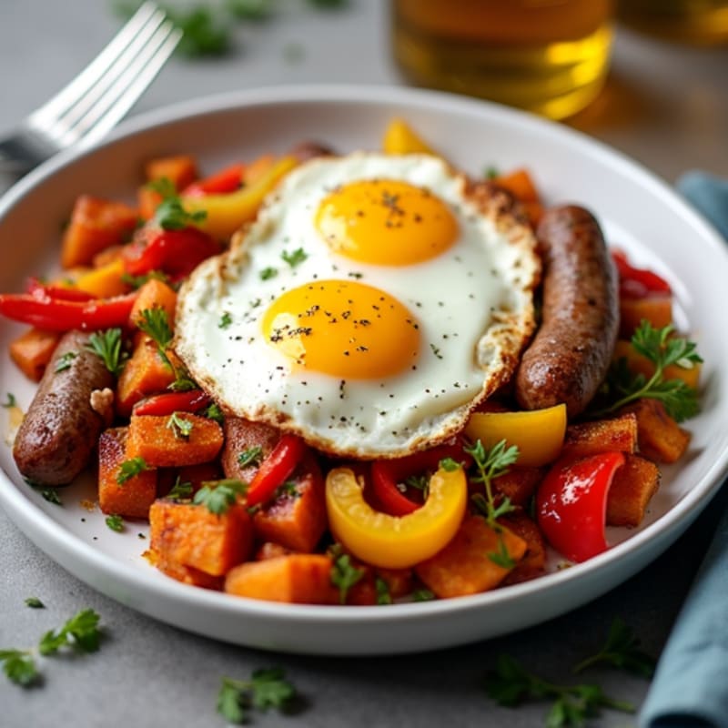 Sheet Pan Herb-Roasted Sausage and Sweet Potato Hash with Sunny Eggs