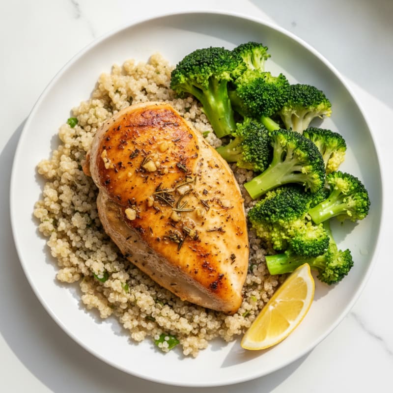 Herb-Roasted Chicken Breast with Steamed Broccoli and Quinoa
