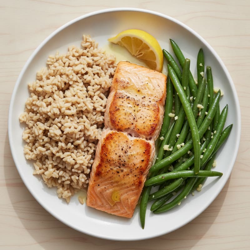 Seared Salmon with Garlic Green Beans and Brown Rice