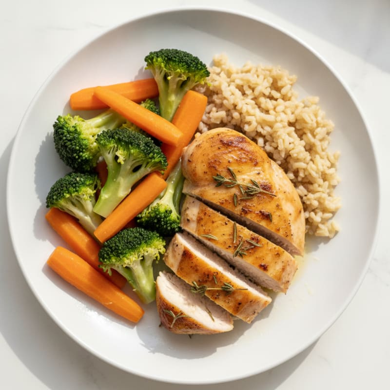 Herb-Roasted Chicken Breast with Steamed Vegetables and Brown Rice