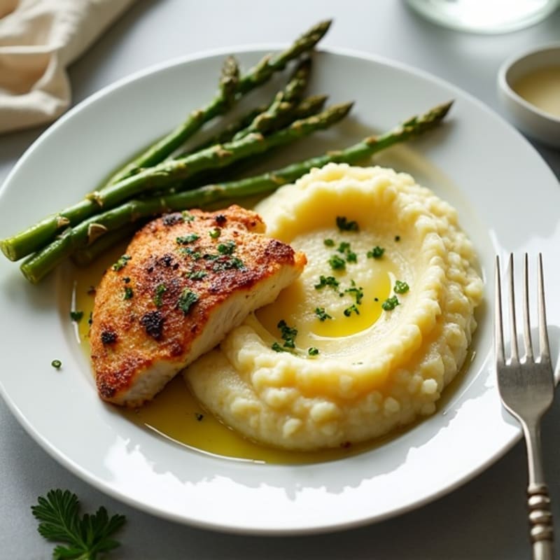 Herb-Roasted Chicken with Creamy Garlic Mashed Potatoes and Crispy Roasted Asparagus