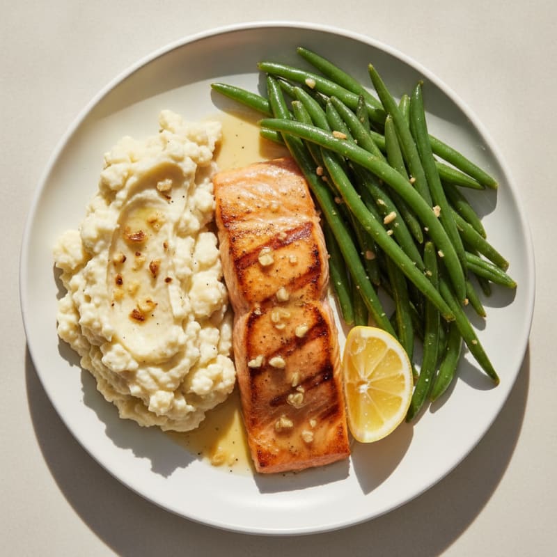 Seared Salmon Fillet with Steamed Green Beans and Garlic Mashed Cauliflower