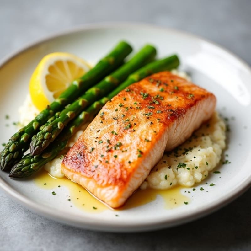 Seared Salmon with Steamed Asparagus and Cauliflower Mash