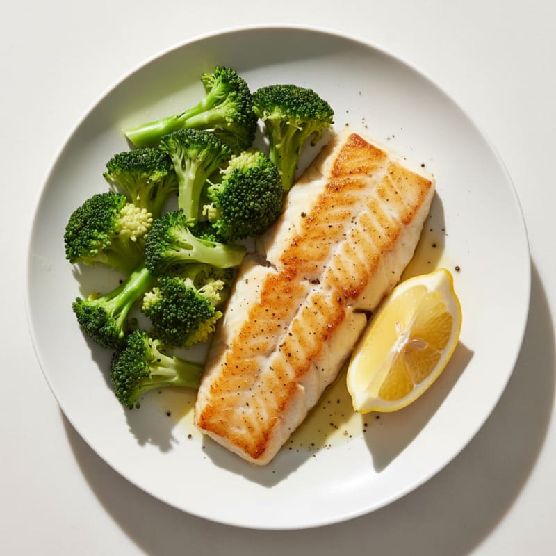 Seared Cod Fillet with Steamed Broccoli and Lemon