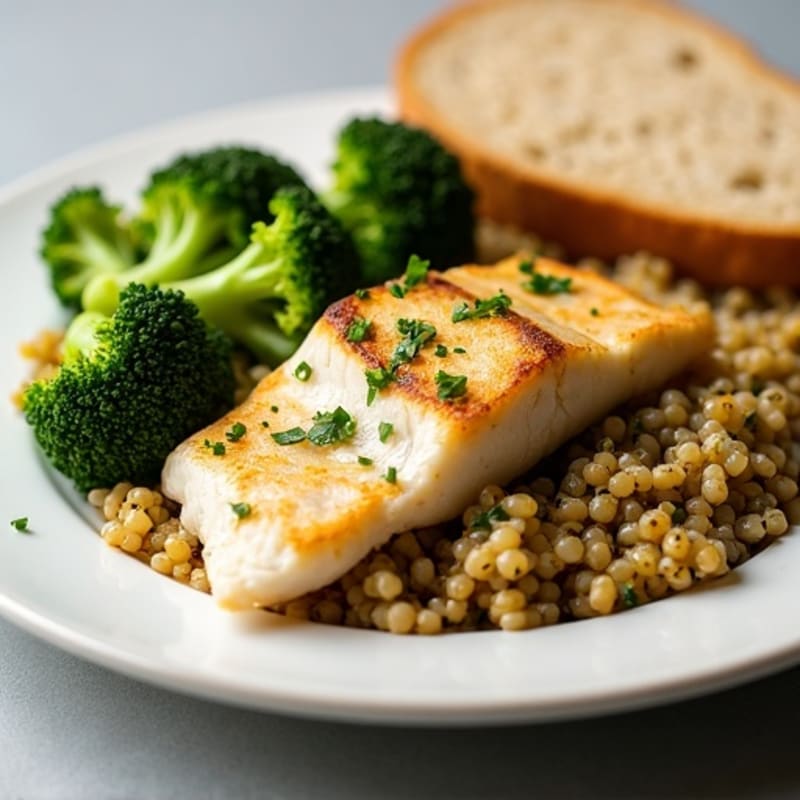 Grilled Cod with Herb Quinoa, Steamed Broccoli, and Homemade Bread