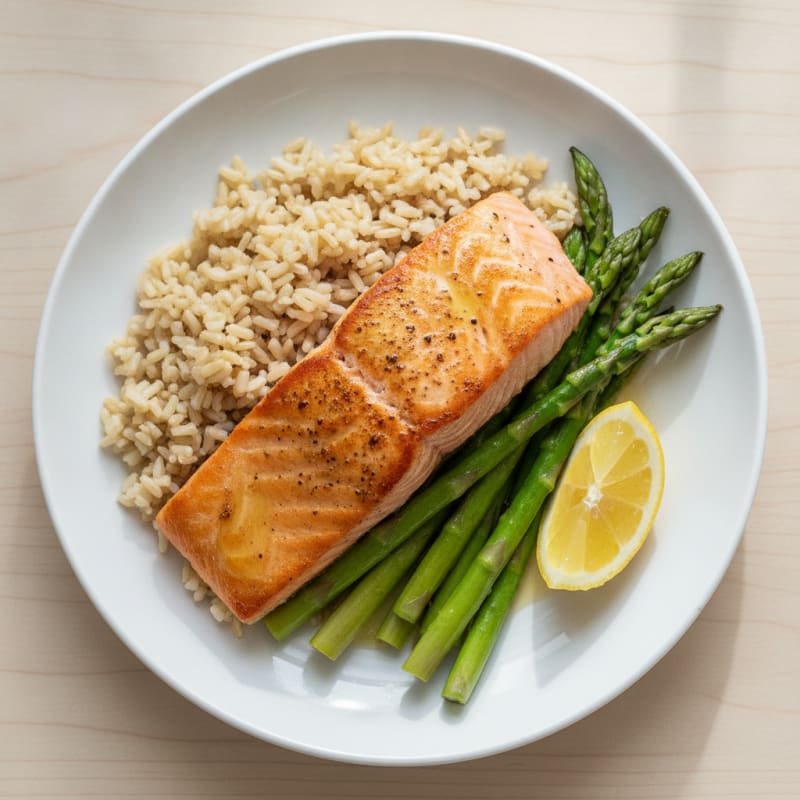 Seared Salmon Fillet with Steamed Asparagus and Brown Rice