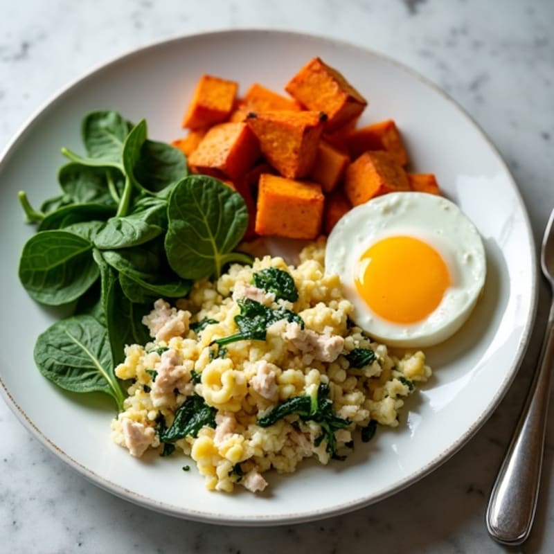 Egg White and Turkey Spinach Scramble with Roasted Sweet Potatoes