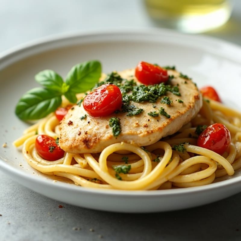 Creamy Pesto Chicken Pasta with Blistered Tomatoes