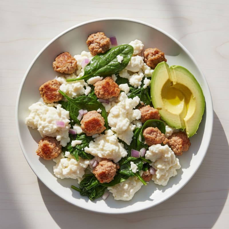 Egg White Scramble with Turkey Sausage and Sautéed Spinach