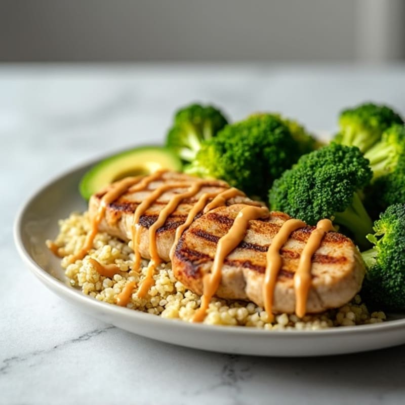 Grilled Turkey Breast with Quinoa, Steamed Broccoli & Lemon Tahini Drizzle