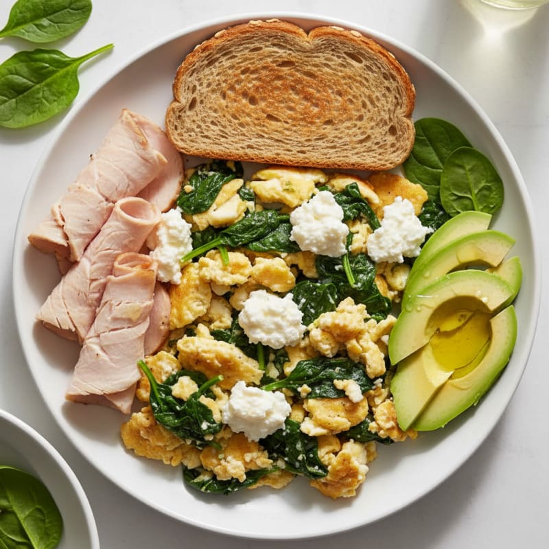Egg White and Spinach Scramble with Cottage Cheese and Sliced Turkey Breast