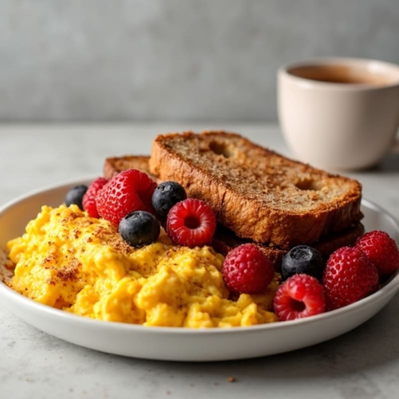 Fluffy Whole Grain Cinnamon French Toast with Scrambled Eggs and Fresh Berries