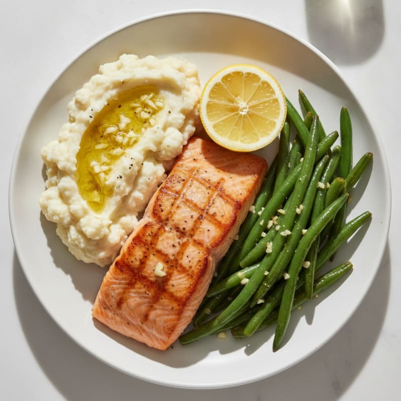 Seared Salmon Fillet with Garlic Green Beans and Mashed Cauliflower