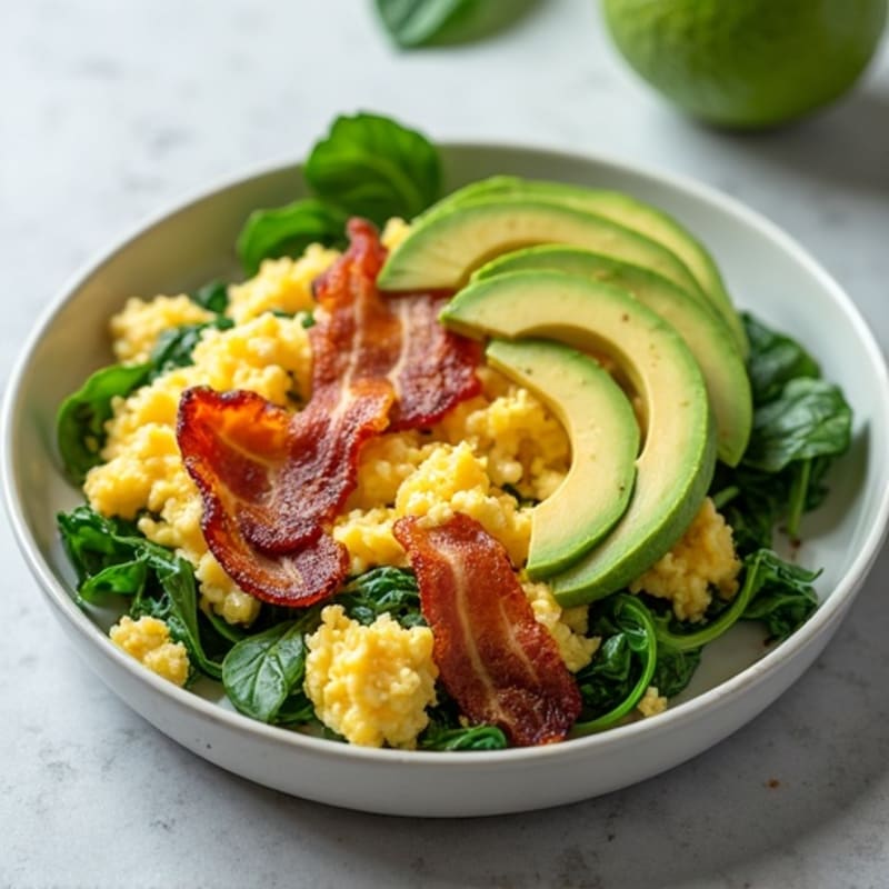 Egg White Spinach Scramble with Turkey Bacon and Avocado