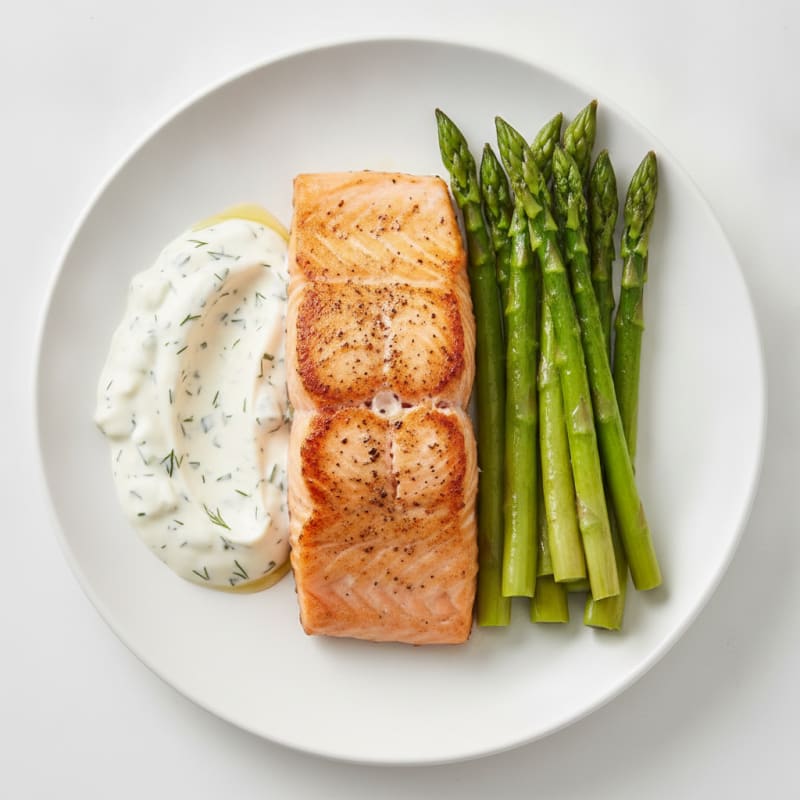 Seared Salmon with Steamed Asparagus and Lemon Dill Yogurt Sauce