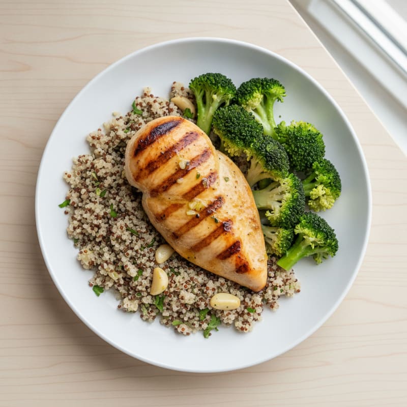 Grilled Lemon Garlic Chicken Breast with Quinoa and Steamed Broccoli