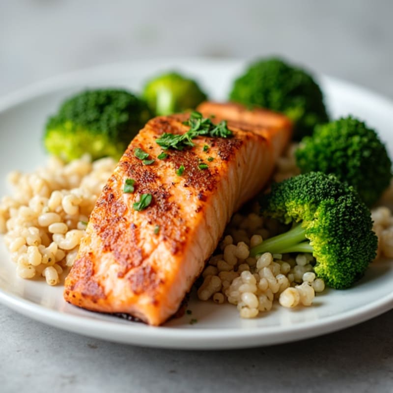 Grilled Salmon with Steamed Broccoli and Brown Rice