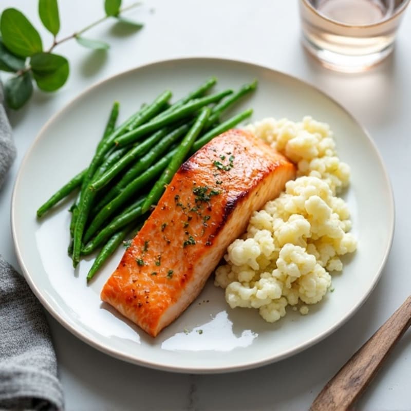 Seared Salmon with Steamed Green Beans and Garlic Mashed Cauliflower