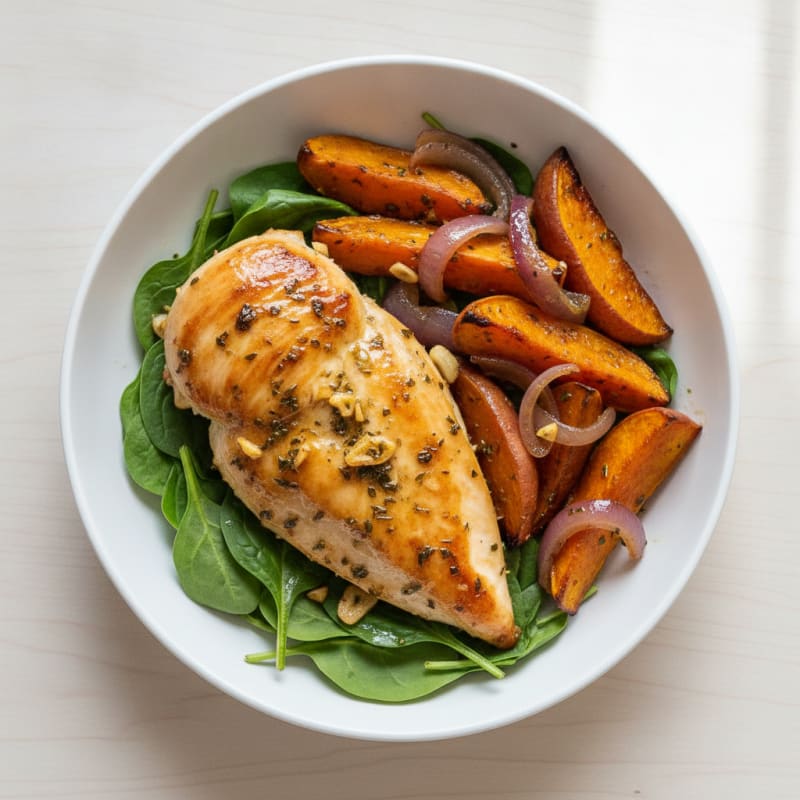Herb-Roasted Chicken Breast with Roasted Sweet Potato and Onions