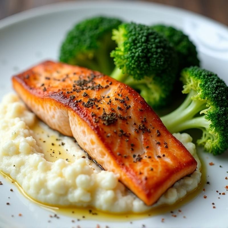 Seared Salmon with Steamed Broccoli and Garlic Cauliflower Mash