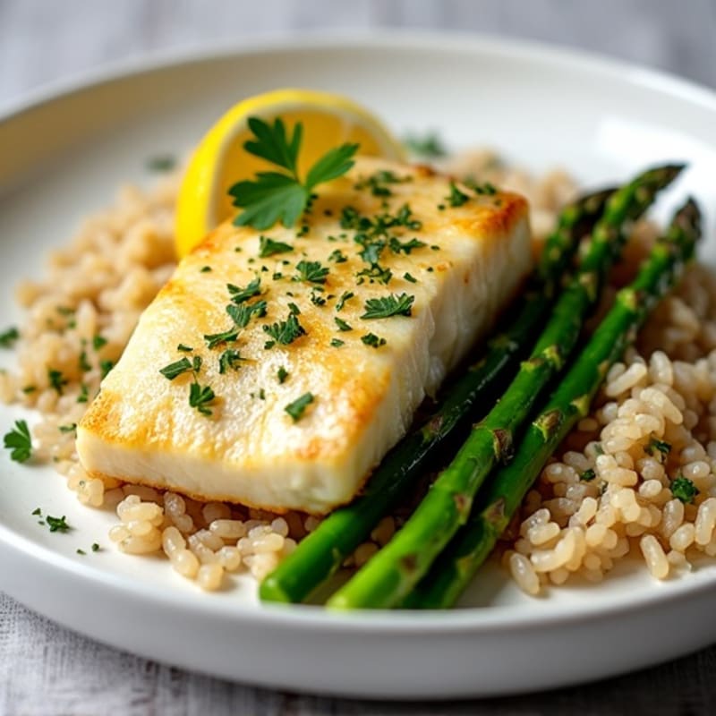 Lemon-Herb Pan-Seared Cod with Roasted Asparagus and Brown Rice