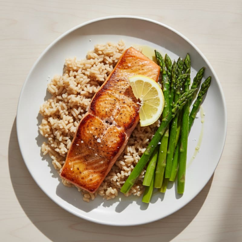 Seared Salmon Fillet with Steamed Asparagus and Brown Rice