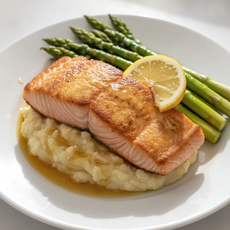 Seared Salmon with Steamed Asparagus and Cauliflower Mash
