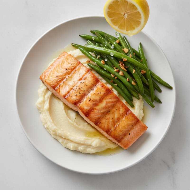 Seared Salmon Fillet with Garlic Green Beans and Cauliflower Mash