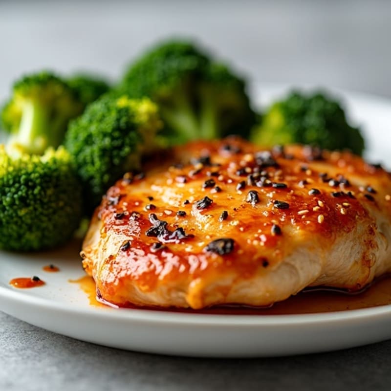 Crispy Baked Chicken with Sweet and Spicy Sesame Glaze and Roasted Broccoli