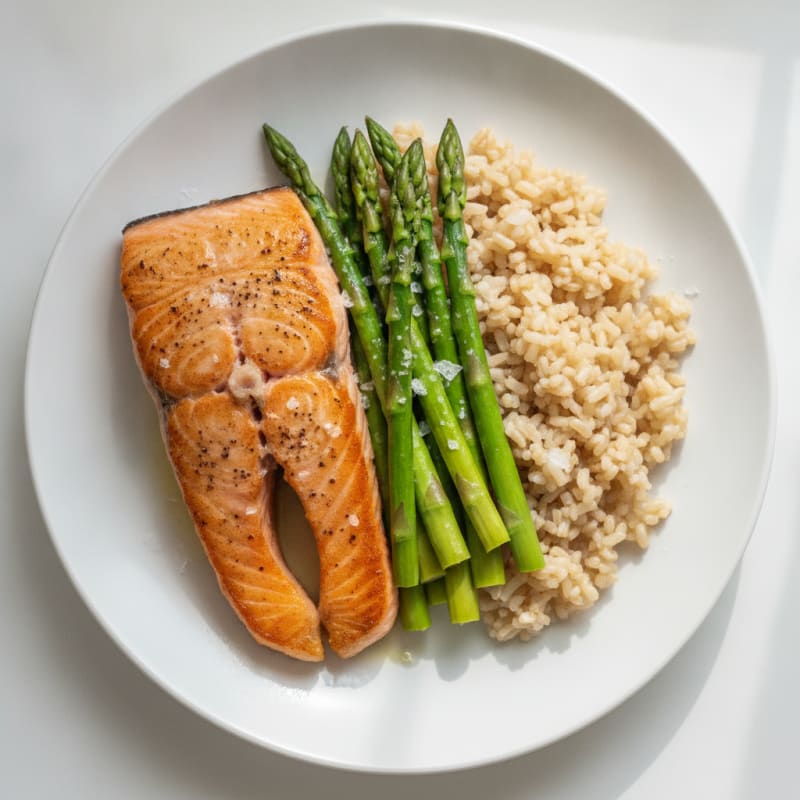 Seared Salmon with Steamed Asparagus and Brown Rice