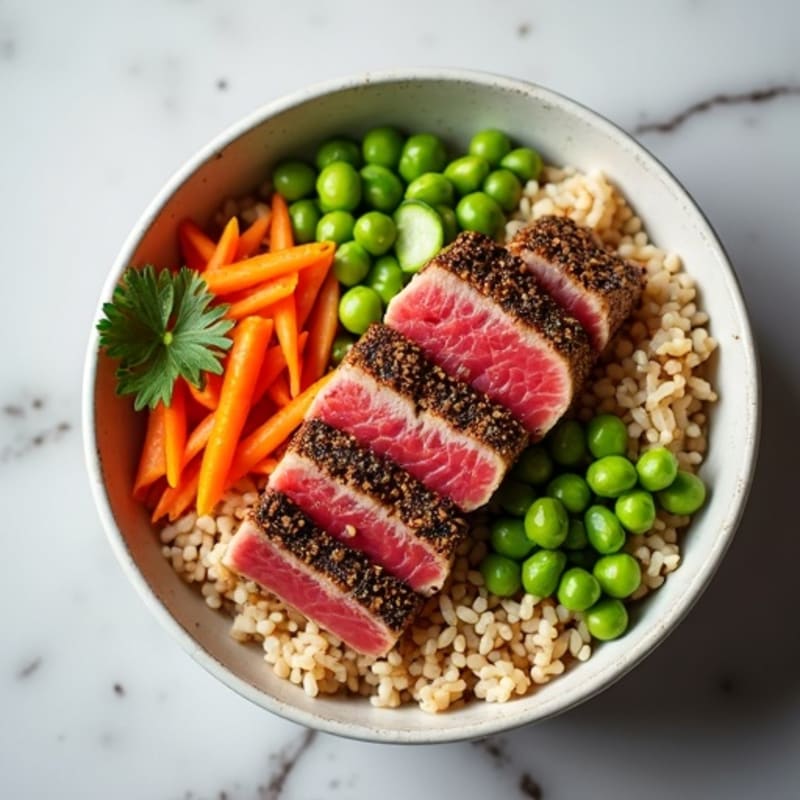 Sesame-Crusted Tuna Rice Bowl with Fresh Vegetables