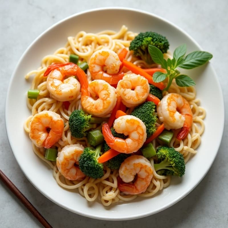 Shrimp Noodle Stir-Fry with Creamy Peanut Sauce and Fresh Veggies