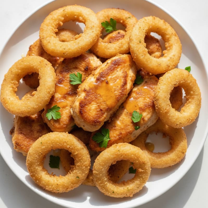 Beer-Battered Onion Rings with Crispy Chicken