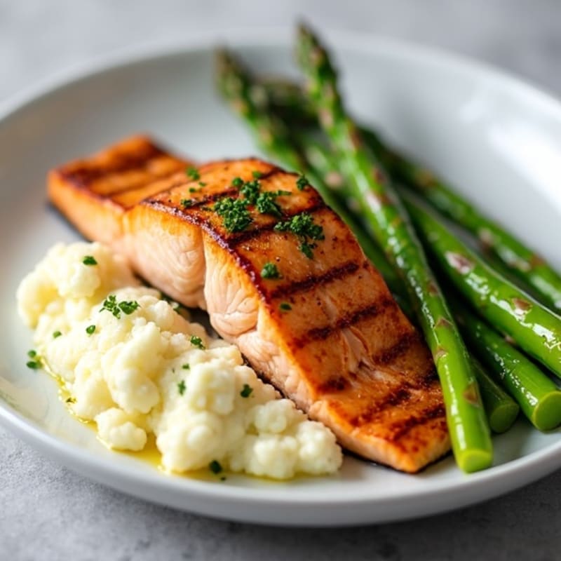Seared Salmon with Steamed Asparagus and Cauliflower Mash