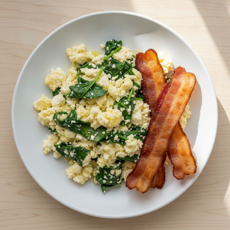 Cottage Cheese Egg Scramble with Spinach and Turkey Bacon