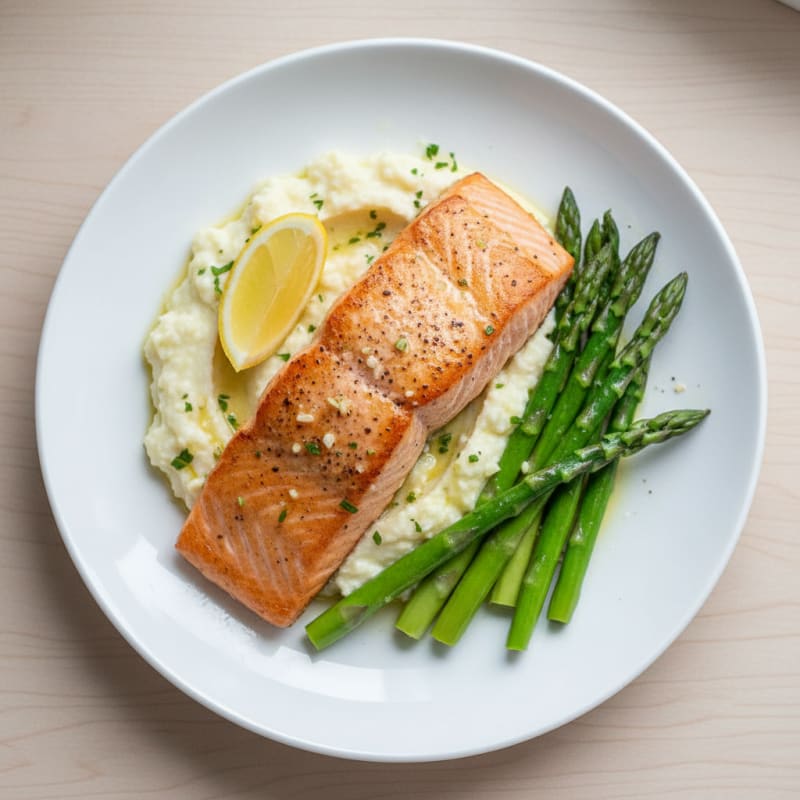 Seared Salmon with Steamed Asparagus and Garlic Mashed Cauliflower