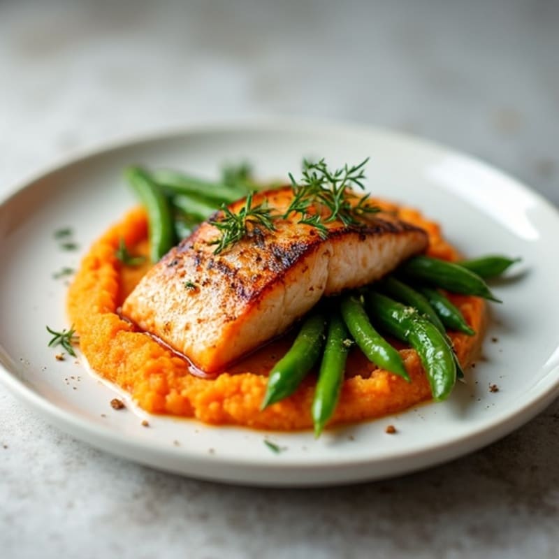 Seared Salmon with Garlic Green Beans and Sweet Potato Mash