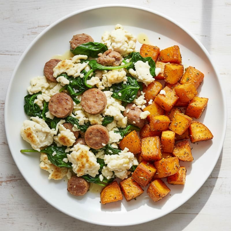Egg White and Turkey Sausage Scramble with Spinach and Roasted Sweet Potatoes