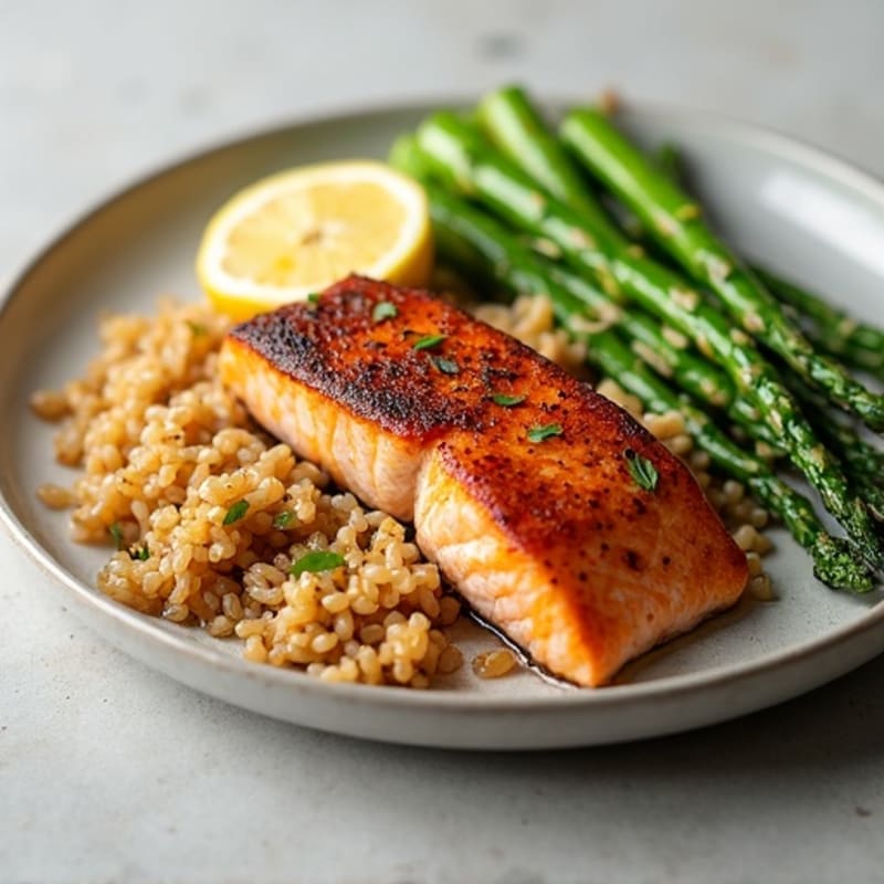 Seared Salmon with Steamed Asparagus and Brown Rice