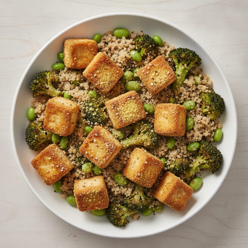 Crispy Tofu Power Bowl with Quinoa and Roasted Vegetables