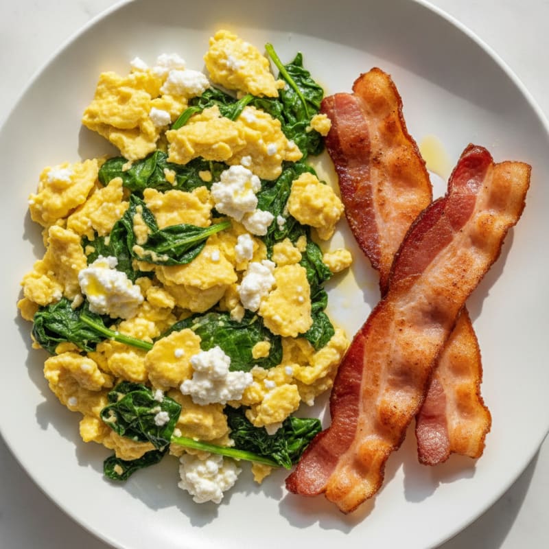Cottage Cheese and Egg Scramble with Spinach and Turkey Bacon