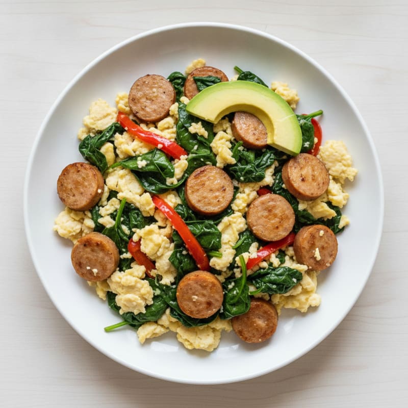 Egg White and Turkey Sausage Scramble with Sautéed Spinach