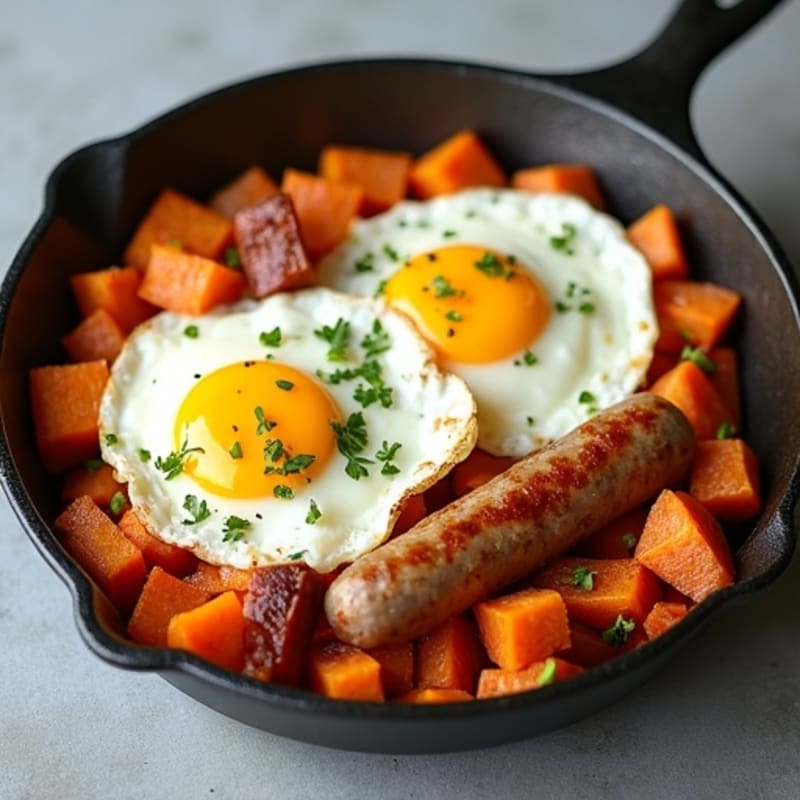 Fluffy Eggs, Crispy Sweet Potato Hash, and Lean Turkey Sausage Skillet